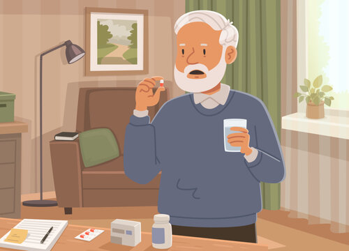 Elderly man taking medication at home. Flat style vector illustration