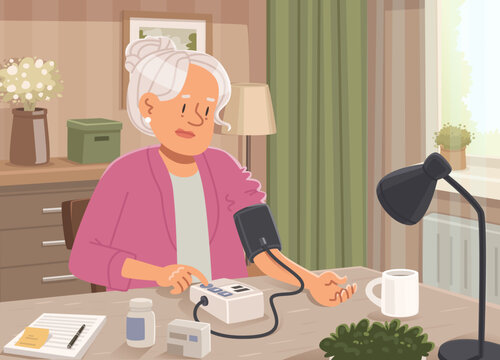 Elderly woman measuring her blood pressure at home. Vector illustration in a flat style