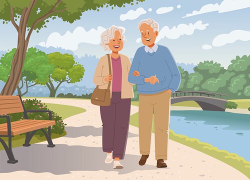 Happy elderly couple walks together in the park. Flat style vector illustration