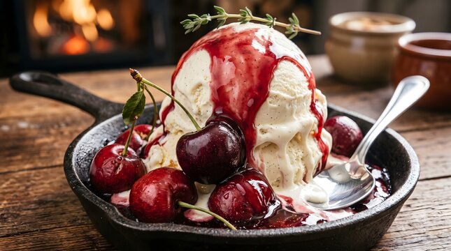 Vanilla ice cream dessert garnished with sweet cherry sauce in rustic cast iron skillet.