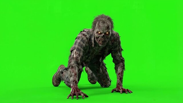 Creepy zombie crawling on a green screen background,chroma key