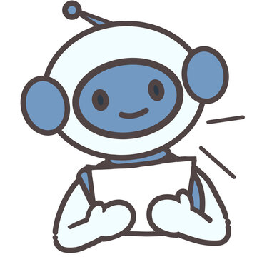 AI robot holding paper illustration. Hand drawn robot presenting a blank document isolated on white background.