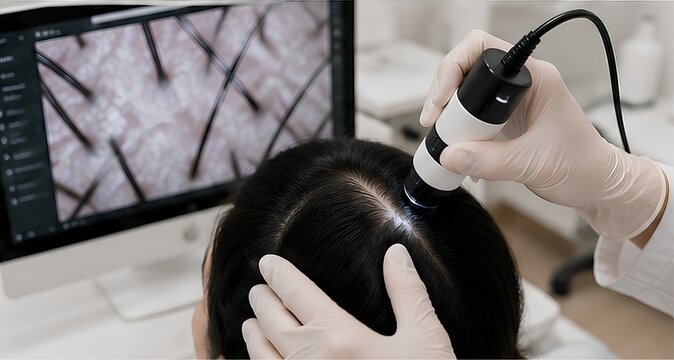 Trichologist examining patient scalp and hair follicles using trichoscope camera