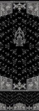 Intricate black and white damask pattern, ornate floral tapestry design, monochrome vintage lace textile background