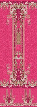 Traditional pink textile pattern with gold embroidery, ornate floral border design, ethnic fabric motif for fashion apparel