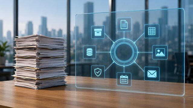 Digital office concept showing a large stack of paper documents next to a futuristic transparent screen displaying modern electronic file management icons.