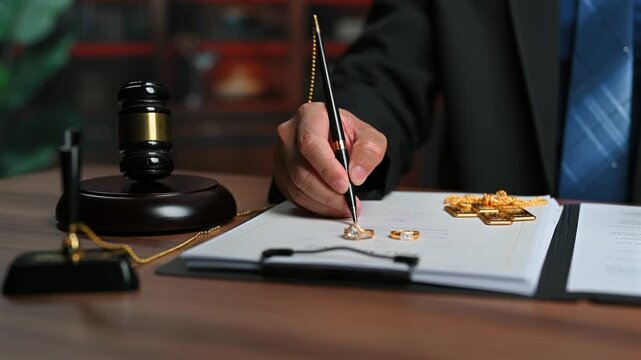 Professional lawyer signs official legal agreement, helping clients process agreement documents as experienced corporate lawyer handling court dispute cases.