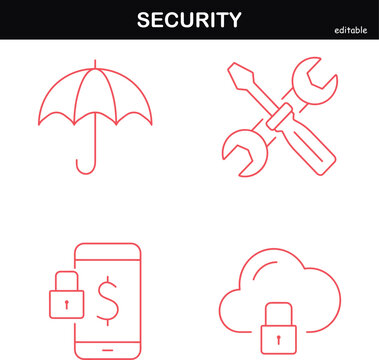 Red security icons featuring an umbrella, repair tools, secure mobile payment, and cloud lock isolated on white background. Great for fintech app development.