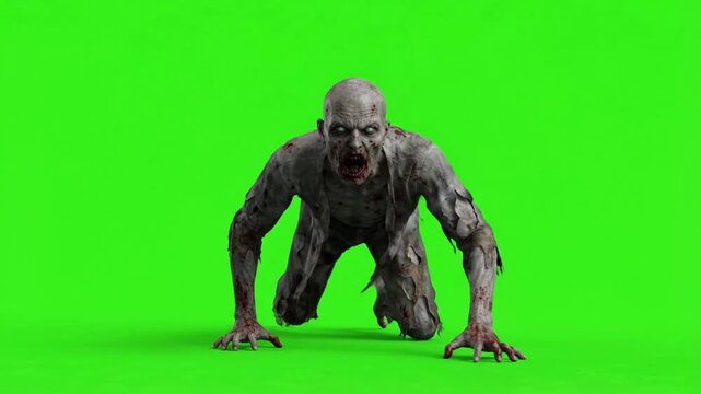 Scary crawling zombie on a green screen background,chroma key