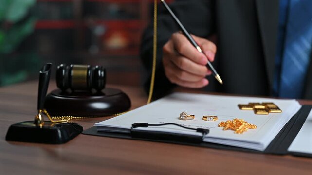 Judge hand grabs desk pen signing divorce contract documents, finalizing divorce settlement agreements where divorce contract papers outline marital assets like gold bars, wedding rings, court gavel.