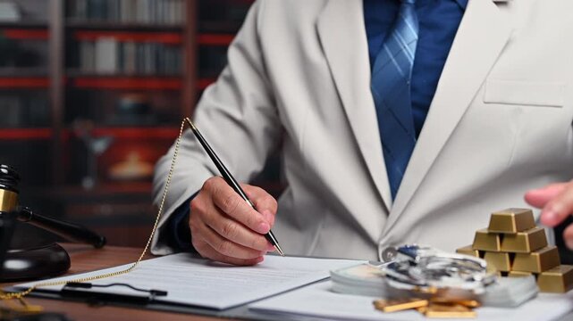 Lawyer signs paper in court investigating financial corruption, fighting corruption inside legal justice system where corruption threatens justice, addressing bribery.