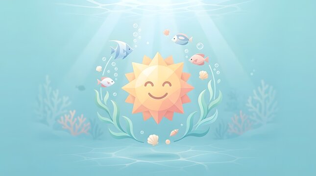 Smiling sun with underwater scene and fish cheerful illustration for world smile day