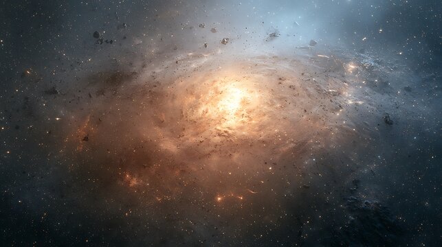 A massive swirling galaxy with a glowing bright core and floating space debris in deep space. Perfect background for astronomy and science fiction concepts.