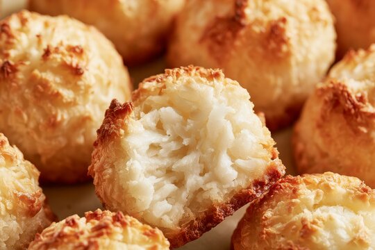 Coconut macaroons sit on a plate with some broken open to show soft center