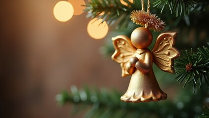 Fototapeta premium Angel Ornament With A Tinsel Halo Slightly Crooked Hanging On A