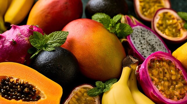 A colorful fruit composition featuring black sapote fruit paired with mangoes, papayas, bananas, dragon fruit, passion fruit, and fresh mint