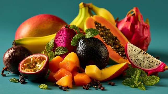 A colorful fruit composition featuring black sapote fruit paired with mangoes, papayas, bananas, dragon fruit, passion fruit, and fresh mint