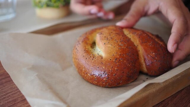 Fresh bagel served at a cafe in the morning