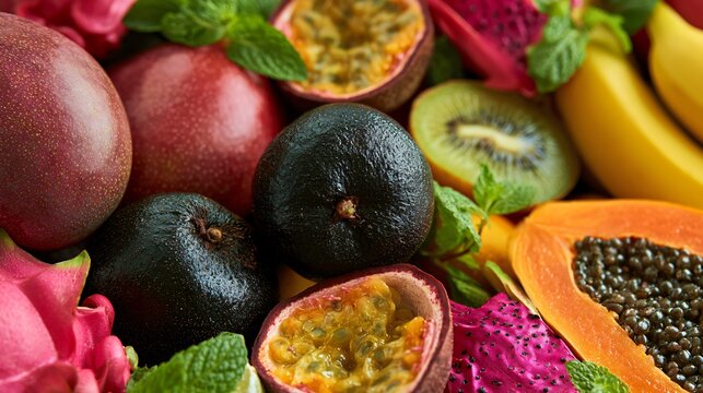 A colorful fruit composition featuring black sapote fruit paired with mangoes, papayas, bananas, dragon fruit, passion fruit, and fresh mint
