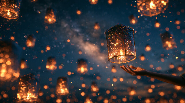 Floating sky lanterns glowing under starry night sky with hand reaching out dreaming concept
