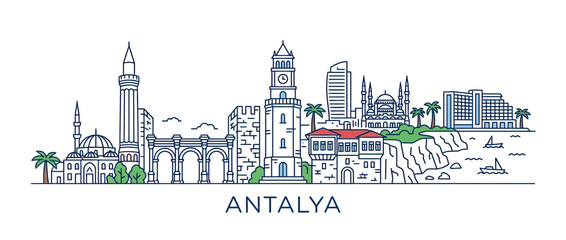 Naklejka premium Antalya Skyline Landmark Buildings Line Art