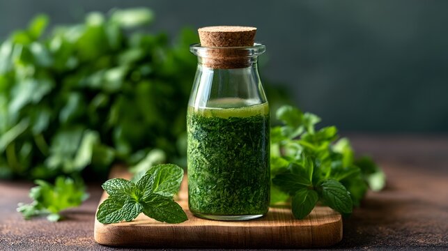 A glass bottle filled with green herb infused liquid  surrounded by fresh mint leaves on a wooden board