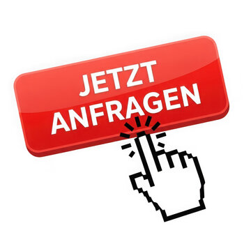 Hand cursor clicking on a red request button isolated on transparent background
