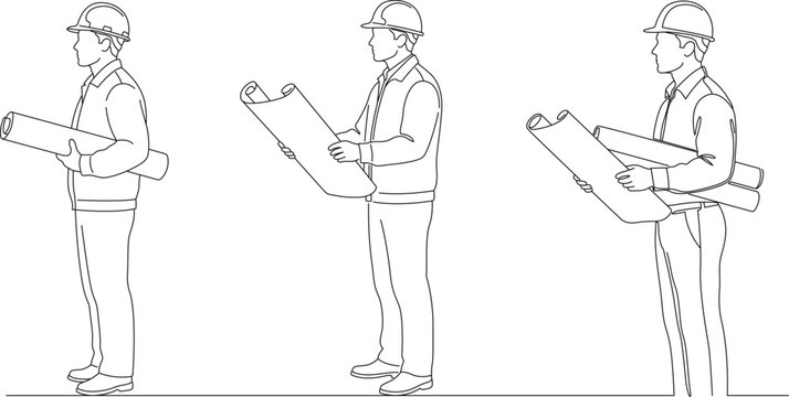 Continuous one line drawing of engineer wearing hard hat holding blueprint paper roll set