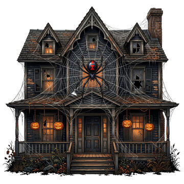 Halloween House with Giant Spider Web, Black Widow, and Hanging Lanterns on Transparent Background