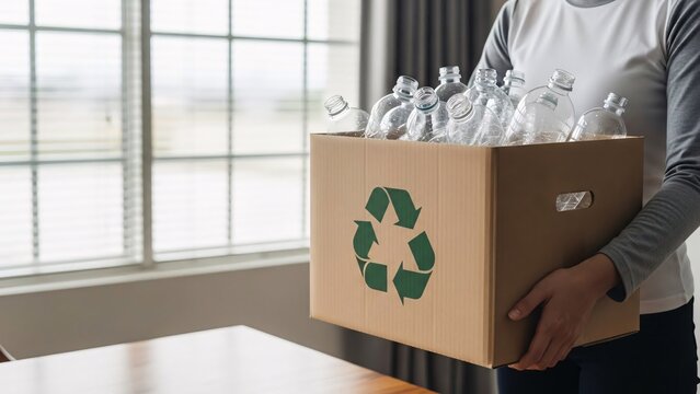 Person holding cardboard box with plastic bottles for recycling