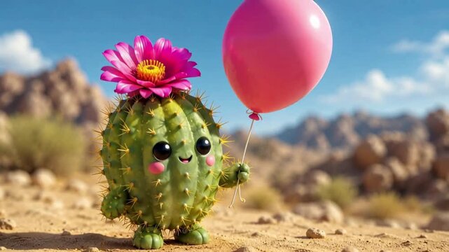 Cute cartoon cactus holding a pink balloon in desert, conceptual video for bravery, fragile balance, vulnerability and optimism.