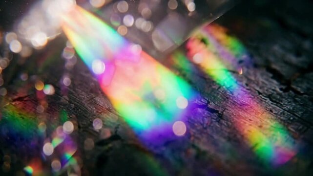 Prism light refraction leaks with glowing bokeh particles, neon rainbow color flares for music, fashion and tech background.