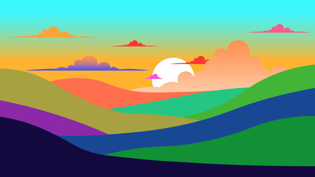 Colorful abstract landscape with rolling hills and sunset sky vector illustration