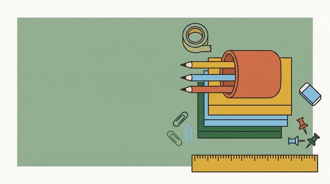 School supplies vector illustration on green background with copy space