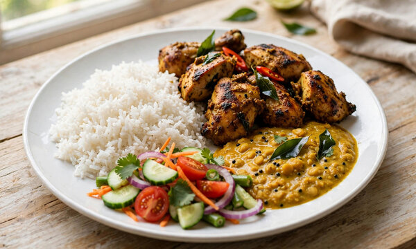 Sri Lankan chicken rice and curry lunch plate with dhal and fresh salad on wooden table