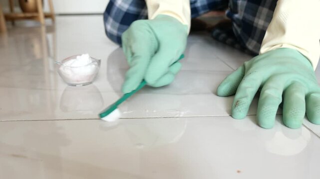 Cleaning floor tiles with a brush and baking soda