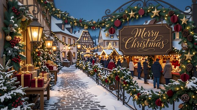 Festive Snowy European Village Christmas Market Scene with Twinkling Lights and Gift Boxes