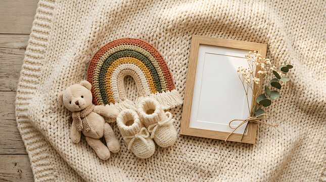 Handmade knitted rainbow arch toy with felt animals and blank frame on neutral linen background