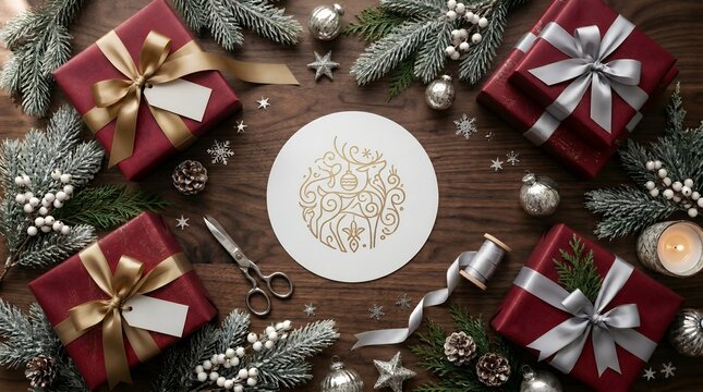 Beautiful Christmas Gifts Wrapped with Ribbons and Decorated with Festive Evergreen Branches and Ornaments