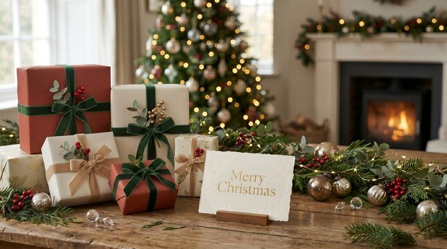 Warm Cozy Festive Christmas Gifts and Decorated Tree Scene