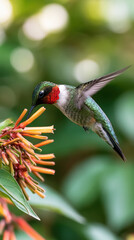 Naklejka premium Ruby throated hummingbird feeding on orange flower, vibrant green feathers, blurred nature background, delicate, energetic, closeup