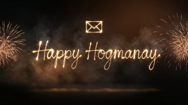 Festive Sparkler Calligraphy Message with Fireworks Display and Envelope Icon