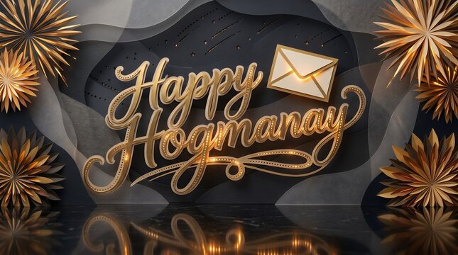 Festive Golden 3D Typography Happy Hogmanay Greeting with Envelope and Starburst Ornaments