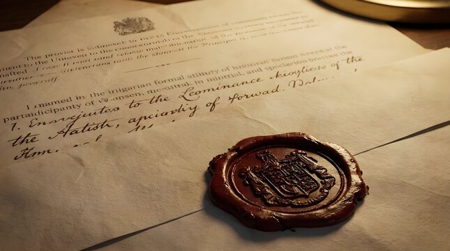 Diplomatic Documents with Wax Seal Close Up