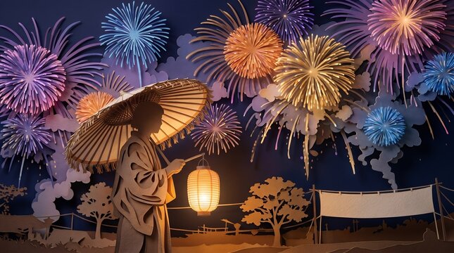 Traditional Japanese Silhouette Watching Fireworks Display Holding Paper Lantern and Umbrella