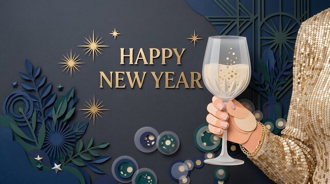 Paper Cut Style Happy New Year Celebration With Sparkling Wine Glass and Festive Ornament