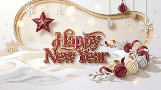Festive Decorative Papercut Style Happy New Year Celebration Greeting Card