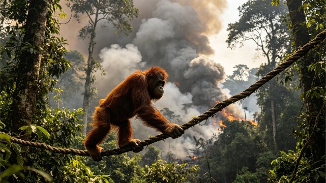 Distressed Orangutan Fleeing Massive Forest Fire and Heavy Smoke