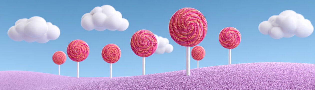 Halloween candy landscape with colorful lollipop tree against blue sky and soft cloud