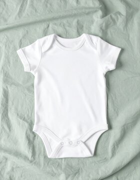 White baby bodysuit mockup lying on green linen